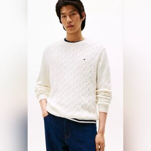 Tommy Hilfiger Men's Ivory Cable Knit Crewneck Sweater